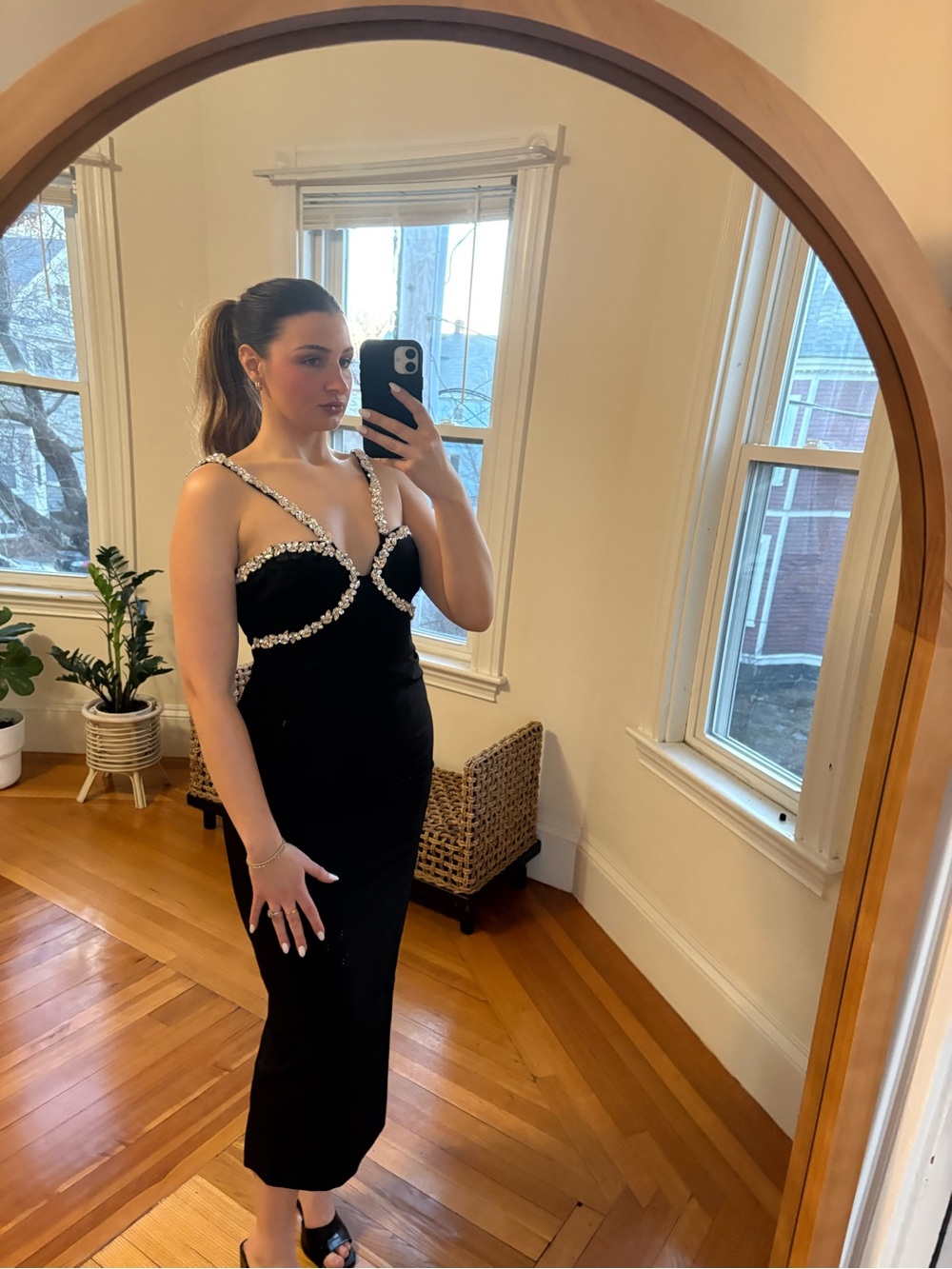 Bardot Black Dress with Crystal Embellished Straps